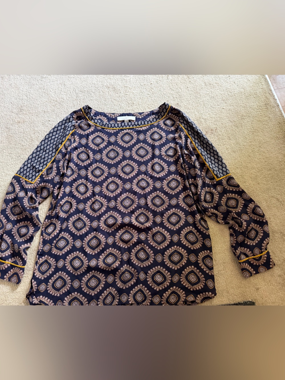 LOFT Navy Printed Blouse with Mustard Trim